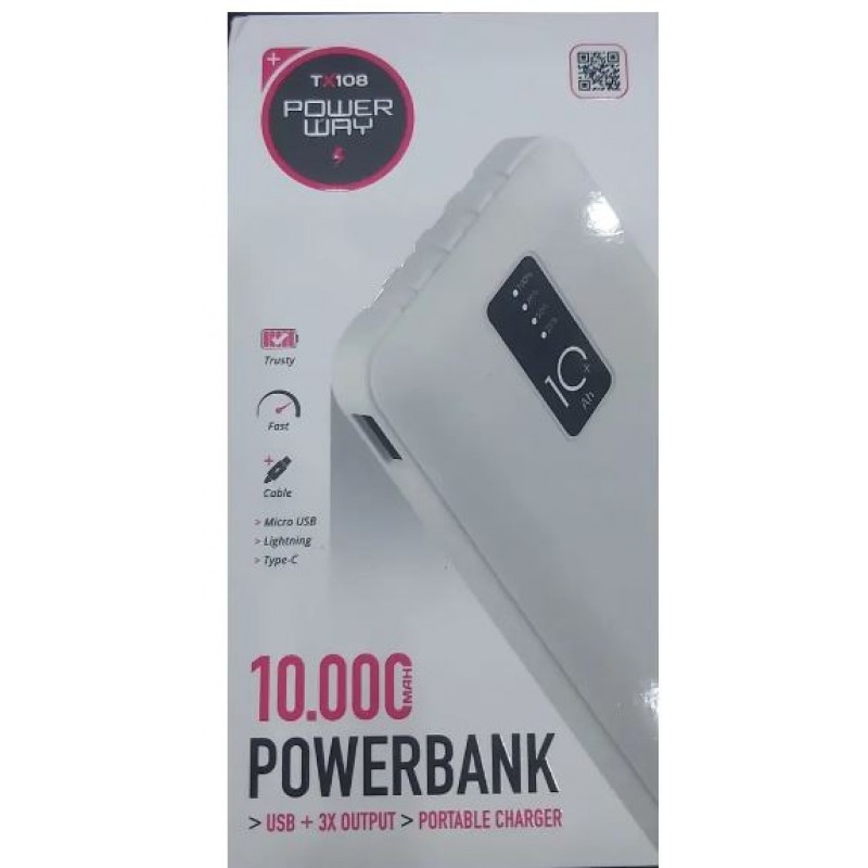 POWERWAY TX108 10000 MAH SİYAH GÖSTERGELİ EKSTRA KABLOLU 4 ÇIKIŞLI POWERBANK