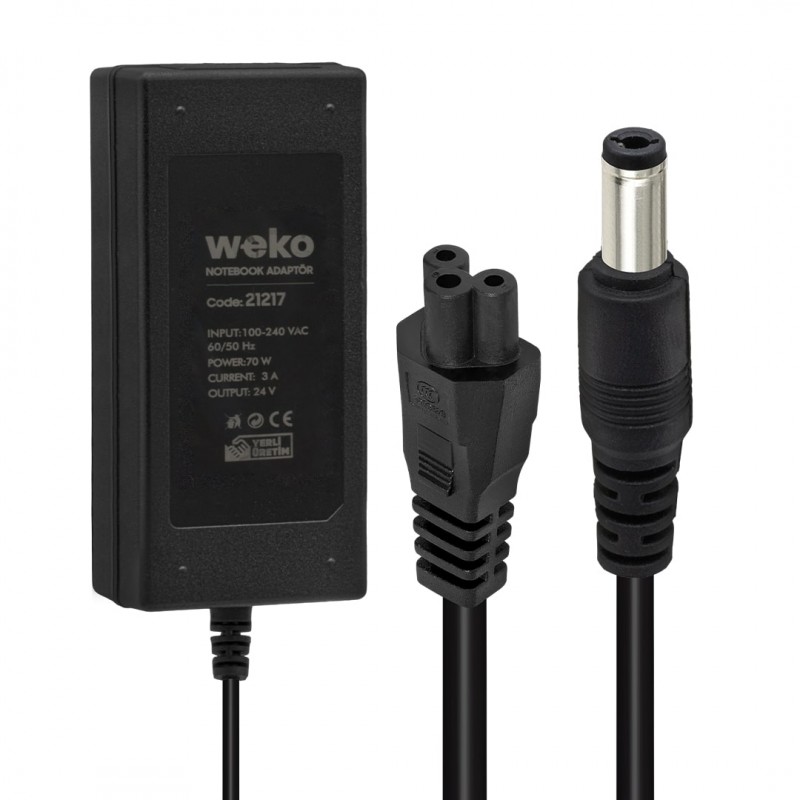 WEKO 24 VOLT - 3 AMPER - 70 WATT 5.5*2.5 UÇLU YERLİ ÜRETİM MASAÜSTÜ PLASTİK KASA ADAPTÖR